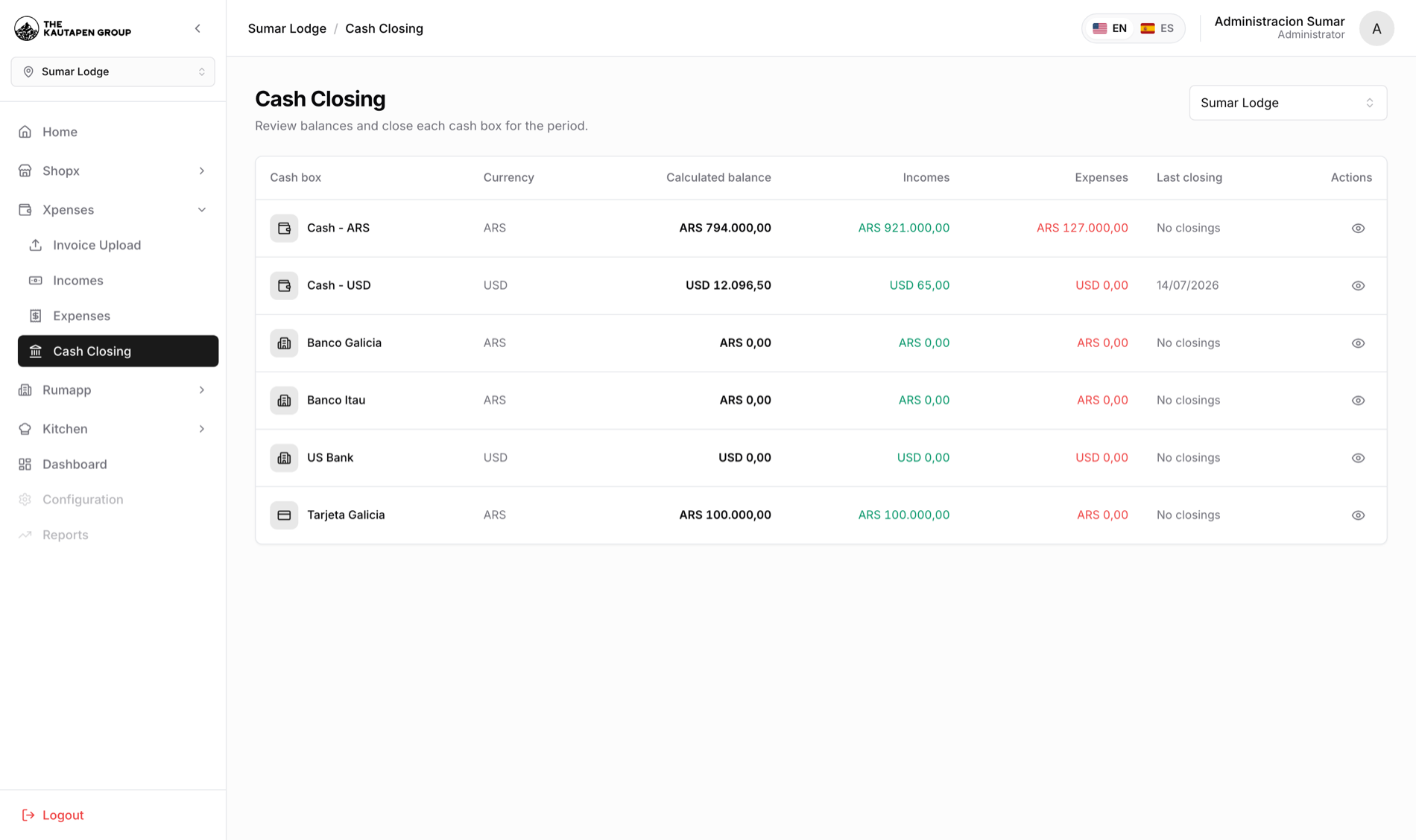 Cierre de caja multi-moneda — app real de Kautapen