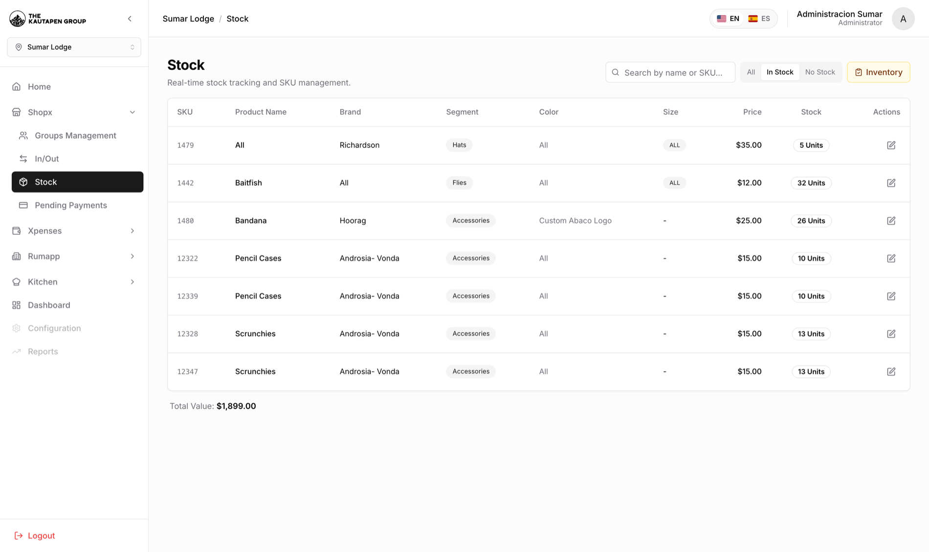 Stock en tiempo real, multi-sede — app real de Kautapen
